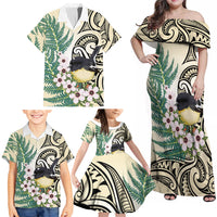 Endemic Tomtit New Zealand Family Matching Off Shoulder Maxi Dress and Hawaiian Shirt Miromiro Manuka Silver Fern Maori Pattern LT14 - Polynesian Pride