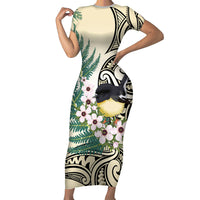 Endemic Tomtit New Zealand Family Matching Short Sleeve Bodycon Dress and Hawaiian Shirt Miromiro Manuka Silver Fern Maori Pattern LT14 Mom's Dress Cream - Polynesian Pride
