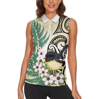 Endemic Tomtit New Zealand Women Sleeveless Polo Shirt Miromiro Manuka Silver Fern Maori Pattern