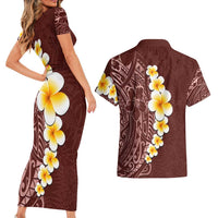Oxblood Tropical Plumeria With Galaxy Polynesian Art Couples Matching Short Sleeve Bodycon Dress and Hawaiian Shirt LT14 - Polynesian Pride