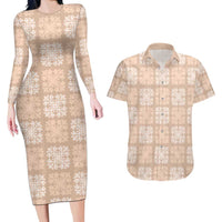Beige Palaka Quilt Hawaii Couples Matching Long Sleeve Bodycon Dress and Hawaiian Shirt Traditional Hawaii-plaid Pattern - Polynesian Pride