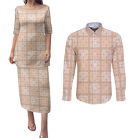 Beige Palaka Quilt Hawaii Couples Matching Puletasi and Long Sleeve Button Shirt Traditional Hawaii-plaid Pattern - Polynesian Pride