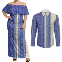Mabuhay Philippines Festival Couples Matching Off Shoulder Maxi Dress and Long Sleeve Button Shirt Yakan Modern Filipiniana Inspired LT14 Blue - Polynesian Pride