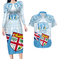 Fiji Day 1970 Couples Matching Long Sleeve Bodycon Dress and Hawaiian Shirt Proud To Be A Fijian Tapa Pattern LT14 Blue - Polynesian Pride