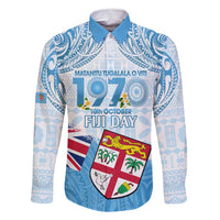 Fiji Day 1970 Family Matching Off Shoulder Maxi Dress and Hawaiian Shirt Proud To Be A Fijian Tapa Pattern LT14 Dad's Shirt - Long Sleeve Blue - Polynesian Pride