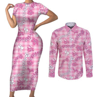 Alaka Aloha Hawaii Couples Matching Short Sleeve Bodycon Dress and Long Sleeve Button Shirt Plumeria Lei With Palaka Motif - Polynesian Pride