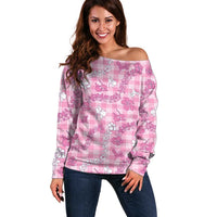 Alaka Aloha Hawaii Off Shoulder Sweater Plumeria Lei With Palaka Motif - Polynesian Pride
