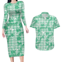 Omaomao Aloha Hawaii Couples Matching Long Sleeve Bodycon Dress and Hawaiian Shirt Plumeria Lei With Palaka Motif LT14 Green - Polynesian Pride