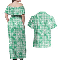 Omaomao Aloha Hawaii Couples Matching Off Shoulder Maxi Dress and Hawaiian Shirt Plumeria Lei With Palaka Motif LT14 - Polynesian Pride
