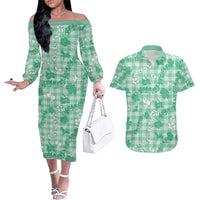 Omaomao Aloha Hawaii Couples Matching Off The Shoulder Long Sleeve Dress and Hawaiian Shirt Plumeria Lei With Palaka Motif LT14 Green - Polynesian Pride