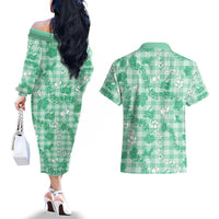 Omaomao Aloha Hawaii Couples Matching Off The Shoulder Long Sleeve Dress and Hawaiian Shirt Plumeria Lei With Palaka Motif LT14 - Polynesian Pride
