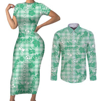 Omaomao Aloha Hawaii Couples Matching Short Sleeve Bodycon Dress and Long Sleeve Button Shirt Plumeria Lei With Palaka Motif - Polynesian Pride