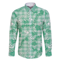 Omaomao Aloha Hawaii Family Matching Summer Maxi Dress and Hawaiian Shirt Plumeria Lei With Palaka Motif LT14 Dad's Shirt - Long Sleeve Green - Polynesian Pride