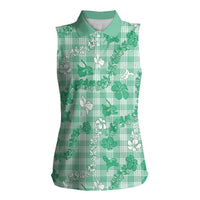 Omaomao Aloha Hawaii Women Sleeveless Polo Shirt Plumeria Lei With Palaka Motif LT14 Female Green - Polynesian Pride