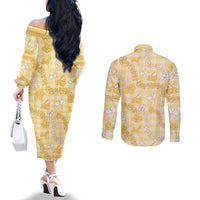 Melemele Aloha Hawaii Couples Matching Off The Shoulder Long Sleeve Dress and Long Sleeve Button Shirt Plumeria Lei With Palaka Motif - Polynesian Pride