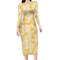 Melemele Aloha Hawaii Family Matching Long Sleeve Bodycon Dress and Hawaiian Shirt Plumeria Lei With Palaka Motif LT14 Mom's Dress Yellow - Polynesian Pride