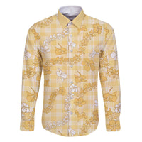 Melemele Aloha Hawaii Family Matching Off The Shoulder Long Sleeve Dress and Hawaiian Shirt Plumeria Lei With Palaka Motif LT14 Dad's Shirt - Long Sleeve Yellow - Polynesian Pride