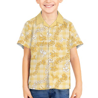 Melemele Aloha Hawaii Family Matching Off The Shoulder Long Sleeve Dress and Hawaiian Shirt Plumeria Lei With Palaka Motif LT14 Son's Shirt Yellow - Polynesian Pride