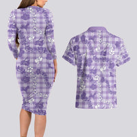 Poni Aloha Hawaii Couples Matching Long Sleeve Bodycon Dress and Hawaiian Shirt Plumeria Lei With Palaka Motif LT14 - Polynesian Pride
