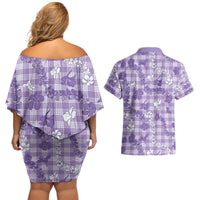 Poni Aloha Hawaii Couples Matching Off Shoulder Short Dress and Hawaiian Shirt Plumeria Lei With Palaka Motif LT14 - Polynesian Pride