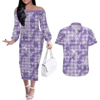 Poni Aloha Hawaii Couples Matching Off The Shoulder Long Sleeve Dress and Hawaiian Shirt Plumeria Lei With Palaka Motif LT14 Purple - Polynesian Pride