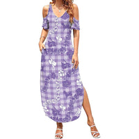 Poni Aloha Hawaii Family Matching Summer Maxi Dress and Hawaiian Shirt Plumeria Lei With Palaka Motif LT14 Mom's Dress Purple - Polynesian Pride