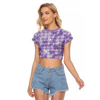Poni Aloha Hawaii Raglan Cropped T Shirt Plumeria Lei With Palaka Motif - Polynesian Pride