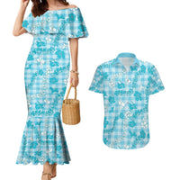 Polu Aloha Hawaii Couples Matching Mermaid Dress and Hawaiian Shirt Plumeria Lei With Palaka Motif LT14 Blue - Polynesian Pride