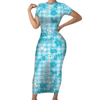 Polu Aloha Hawaii Family Matching Short Sleeve Bodycon Dress and Hawaiian Shirt Plumeria Lei With Palaka Motif LT14 Mom's Dress Blue - Polynesian Pride