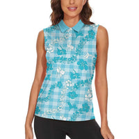 Polu Aloha Hawaii Women Sleeveless Polo Shirt Plumeria Lei With Palaka Motif - Polynesian Pride