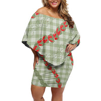 Omaomao Aloha Hawaii Family Matching Off Shoulder Short Dress and Hawaiian Shirt Rosebud Lei With Palaka Motif LT14 Mom's Dress Green - Polynesian Pride