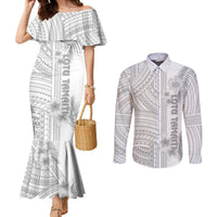 Samoa White Sunday Couples Matching Mermaid Dress and Long Sleeve Button Shirts Manuia le Aso Sa o Tamaiti Polynesian Plumeria LT14 White - Polynesian Pride