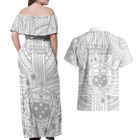 Samoa White Sunday Couples Matching Off Shoulder Maxi Dress and Hawaiian Shirt Manuia le Aso Sa o Tamaiti Polynesian Plumeria LT14 - Polynesian Pride