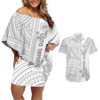 Samoa White Sunday Couples Matching Off Shoulder Short Dress and Hawaiian Shirt Manuia le Aso Sa o Tamaiti Polynesian Plumeria LT14 White - Polynesian Pride