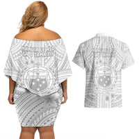 Samoa White Sunday Couples Matching Off Shoulder Short Dress and Hawaiian Shirt Manuia le Aso Sa o Tamaiti Polynesian Plumeria LT14 - Polynesian Pride