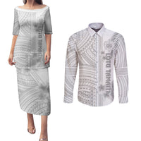 Samoa White Sunday Couples Matching Puletasi Dress and Long Sleeve Button Shirts Manuia le Aso Sa o Tamaiti Polynesian Plumeria LT14 White - Polynesian Pride