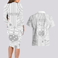 Personalised Samoa White Sunday Couples Matching Long Sleeve Bodycon Dress and Hawaiian Shirt Manuia le Aso Sa o Tamaiti Polynesian Plumeria LT14 - Polynesian Pride