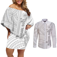 Personalised Samoa White Sunday Couples Matching Off Shoulder Short Dress and Long Sleeve Button Shirts Manuia le Aso Sa o Tamaiti Polynesian Plumeria LT14 White - Polynesian Pride