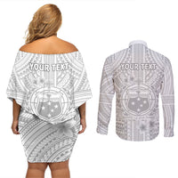 Personalised Samoa White Sunday Couples Matching Off Shoulder Short Dress and Long Sleeve Button Shirts Manuia le Aso Sa o Tamaiti Polynesian Plumeria LT14 - Polynesian Pride