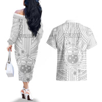 Personalised Samoa White Sunday Couples Matching Off The Shoulder Long Sleeve Dress and Hawaiian Shirt Manuia le Aso Sa o Tamaiti Polynesian Plumeria LT14 - Polynesian Pride