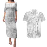 Personalised Samoa White Sunday Couples Matching Puletasi Dress and Hawaiian Shirt Manuia le Aso Sa o Tamaiti Polynesian Plumeria LT14 White - Polynesian Pride