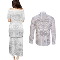 Personalised Samoa White Sunday Couples Matching Puletasi Dress and Long Sleeve Button Shirts Manuia le Aso Sa o Tamaiti Polynesian Plumeria LT14 - Polynesian Pride