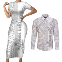 Personalised Samoa White Sunday Couples Matching Short Sleeve Bodycon Dress and Long Sleeve Button Shirts Manuia le Aso Sa o Tamaiti Polynesian Plumeria LT14 White - Polynesian Pride