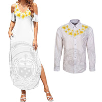 Personalised Samoa White Sunday Couples Matching Summer Maxi Dress and Long Sleeve Button Shirts Lotu Tamaiti 2023 With Coat Of Arms LT14 White - Polynesian Pride