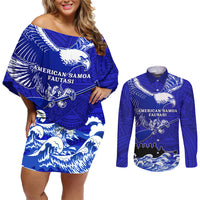 Personalised American Samoa Fautasi Race Couples Matching Off Shoulder Short Dress and Long Sleeve Button Shirts Eagle With Polynesian Pattern LT14 Blue - Polynesian Pride
