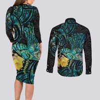 New Zealand Fantail Bird Couples Matching Long Sleeve Bodycon Dress and Long Sleeve Button Shirt Maori Piwakawaka Kowhai - Paua Shell Pattern LT14 - Polynesian Pride