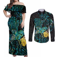 New Zealand Fantail Bird Couples Matching Off Shoulder Maxi Dress and Long Sleeve Button Shirt Maori Piwakawaka Kowhai - Paua Shell Pattern LT14 Green - Polynesian Pride