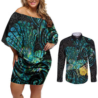 New Zealand Fantail Bird Couples Matching Off Shoulder Short Dress and Long Sleeve Button Shirt Maori Piwakawaka Kowhai - Paua Shell Pattern LT14 Green - Polynesian Pride