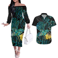 New Zealand Fantail Bird Couples Matching Off The Shoulder Long Sleeve Dress and Hawaiian Shirt Maori Piwakawaka Kowhai - Paua Shell Pattern LT14 Green - Polynesian Pride