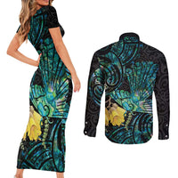 New Zealand Fantail Bird Couples Matching Short Sleeve Bodycon Dress and Long Sleeve Button Shirt Maori Piwakawaka Kowhai - Paua Shell Pattern LT14 - Polynesian Pride